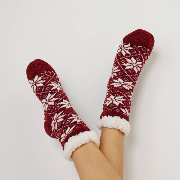 Chaussettes maille chenille fourr&eacute;es antid&eacute;rapantes  (bordeaux)