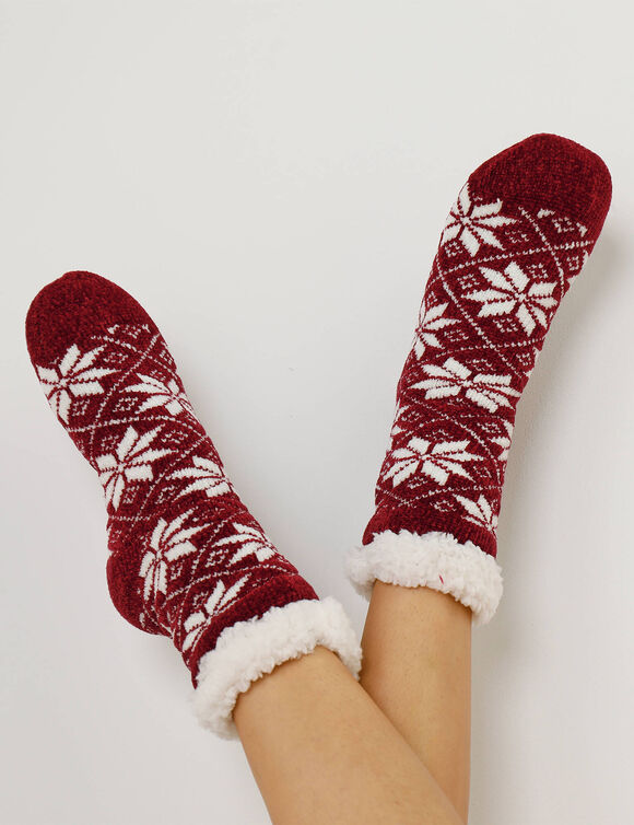 Chaussettes maille chenille fourrées antidérapantes  (bordeaux)