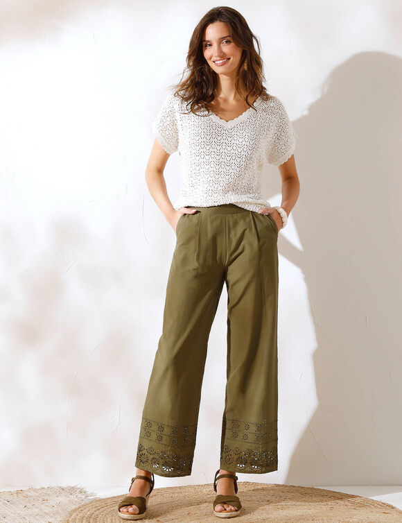 Pantalon large 7/8ème, broderie anglaise (kaki)