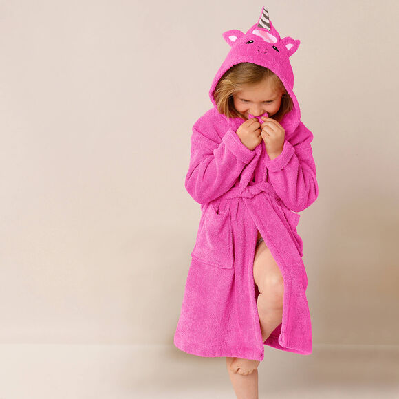 Badjas met kap, voor kinderen, eenhoornmotief, katoenen badstof - 340 g/m2 (fuchsia)