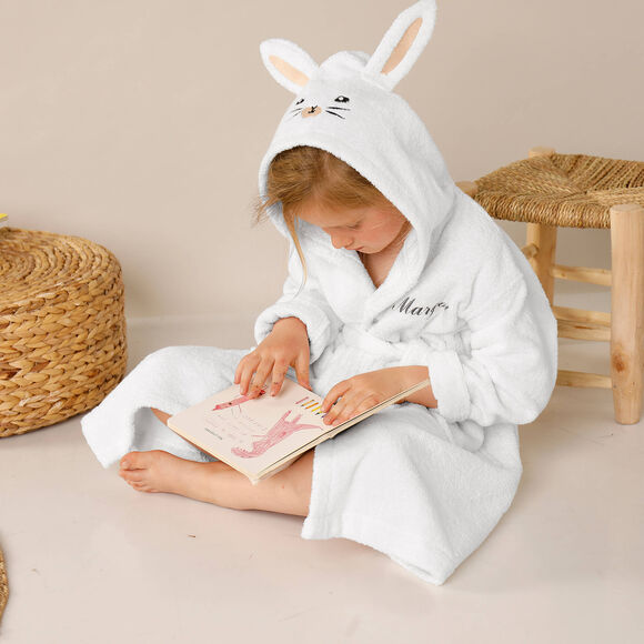 Peignoir de bain enfant personnalisable lapin &agrave; capuche (blanc)