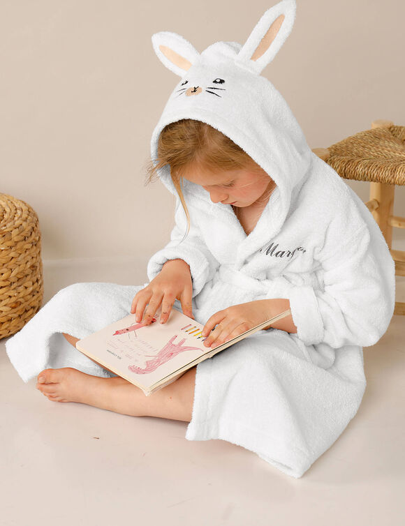 Vermommingsbadjas voor kinderen, konijnmotief en kap, personaliseerbaar (wit)