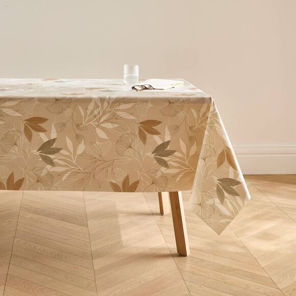 Tafelzeil van gewaxte stof met ginkgo-print (beige)
