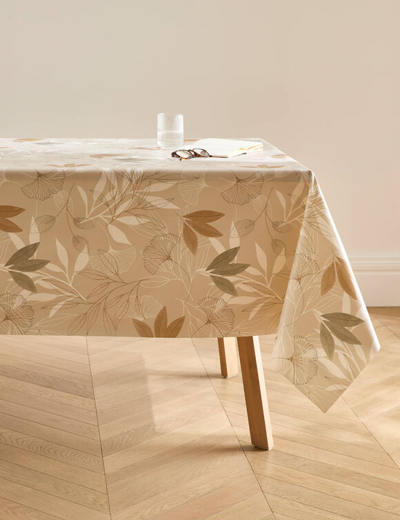 Nappe toile cir&eacute;e imprim&eacute; gingko (beige)