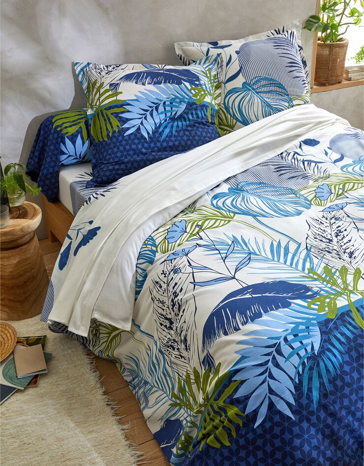 Linge de lit Jane en coton imprimé feuillages (bleu)