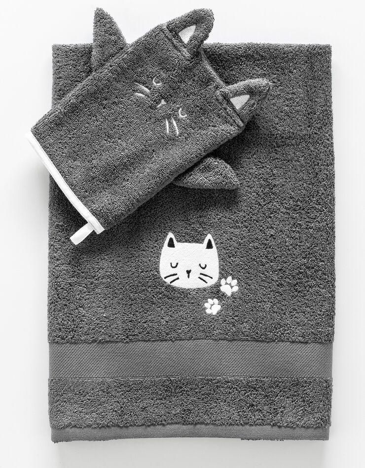 Collection éponge enfant brodée chat coton - 380 g/m2, anthracite Collection éponge enfant brodée chat coton - 380 g/m2, anthracite, hi-res image number 0