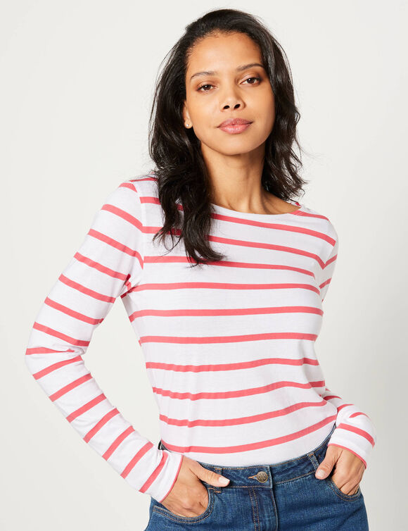 T-shirt marinière manches longues, coton biologique(**) (blanc / corail)