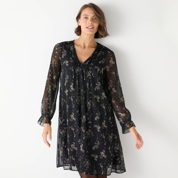 Robe bicolore à plis, imprimé feuilles (noir / beige)