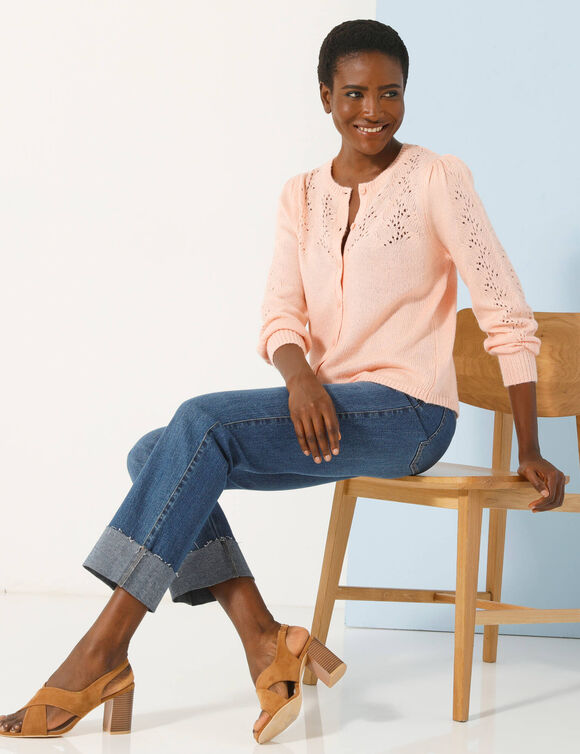 Cardigan col rond, maille ajourée (rose pâle)