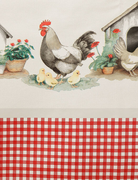 Nappe toile cirée motif poules (beige / rouge)