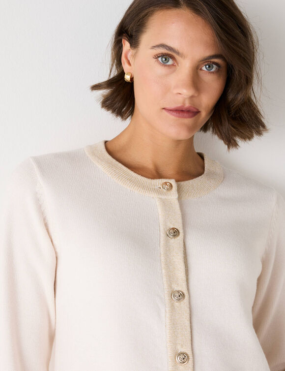 Cardigan boutons dor&eacute;s, d&eacute;tails brillants (&eacute;cru)