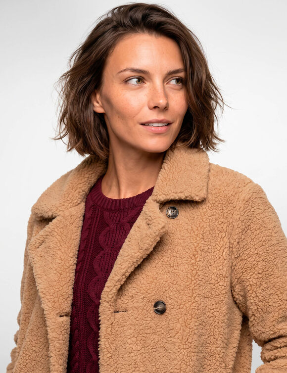 Manteau court maille bouclette col tailleur (beige)