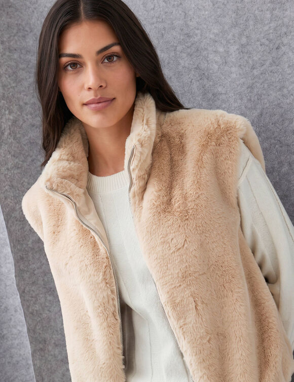 Veste sans manches zipp&eacute;e, mati&egrave;re duveteuse (beige)