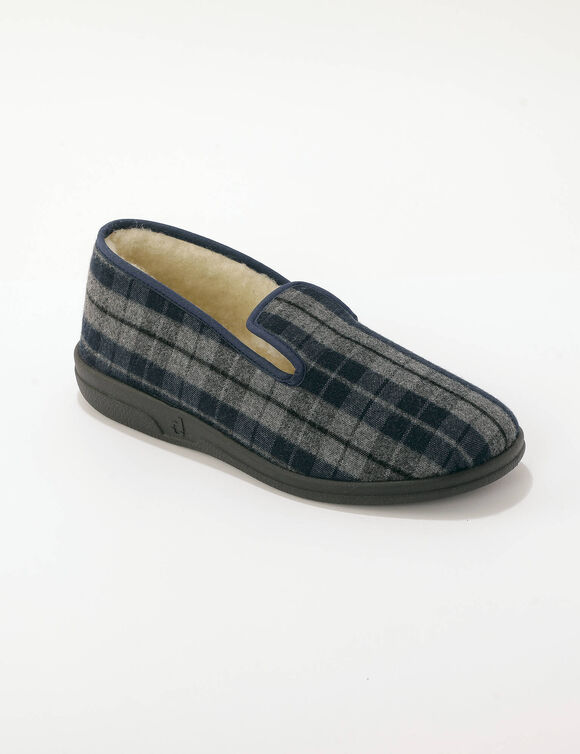 Herenpantoffels met geruit motief, gevoerd met wol (grijs / blauw)