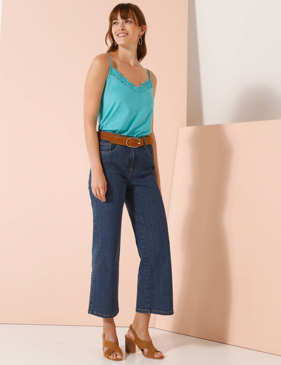 Débardeur uni col V macramé (bleu lagon)