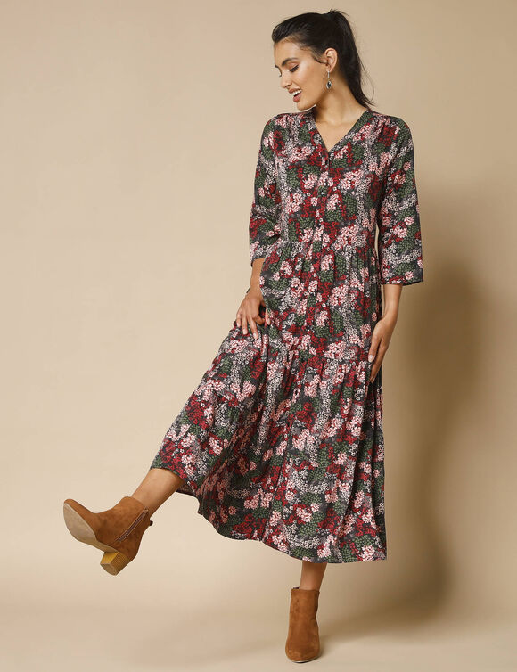 Robe longue boutonnée, imprimé fleuri (noir / rose)