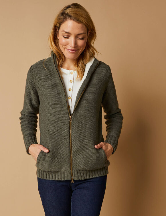 Gilet zippé 30% laine fourré "maille peluche" (kaki)