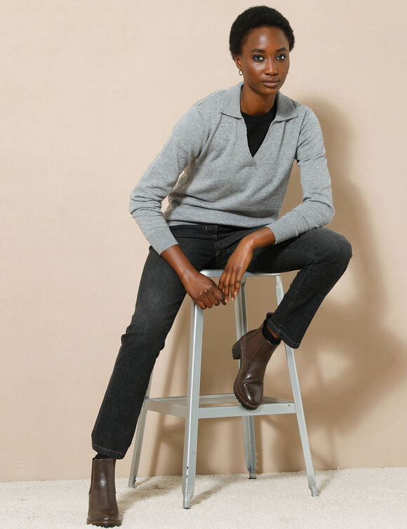 Pull col polo, laine d'agneau (gris chiné)