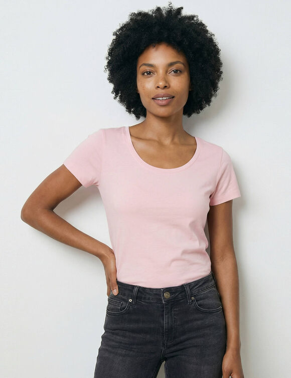 T-shirt col rond uni manches courtes en coton biologique(**) (rose poudr&eacute;)