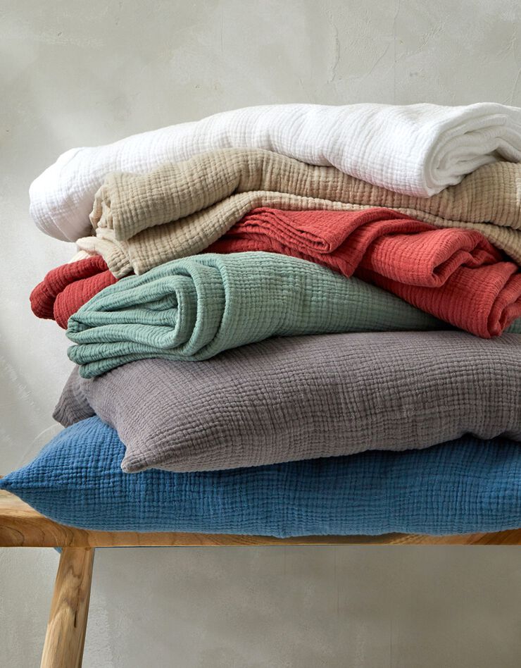 Linge de lit uni en triple gaze de coton (bleu)