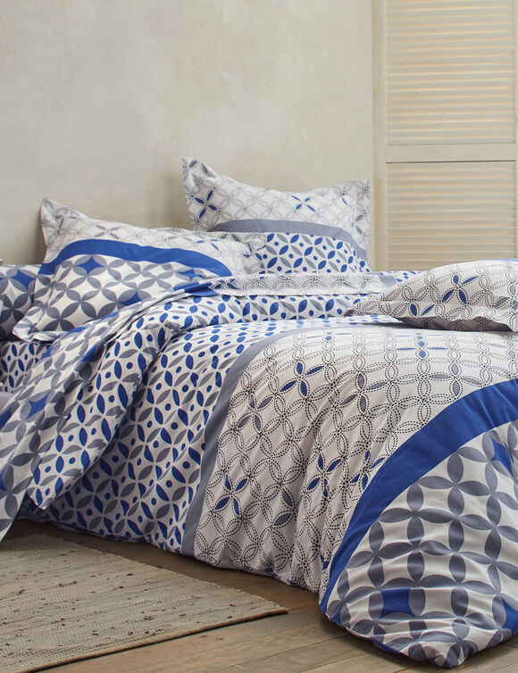 Linge de lit Marlow imprim&eacute; g&eacute;om&eacute;trique - coton 57 fils/cm&sup2; (gris / bleu)