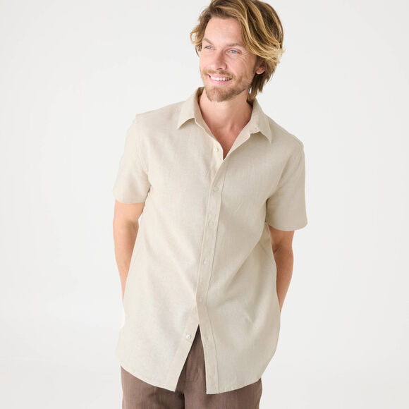 Hemd in katoen-linnen, korte mouwen en knoopsluiting (grijsbeige)