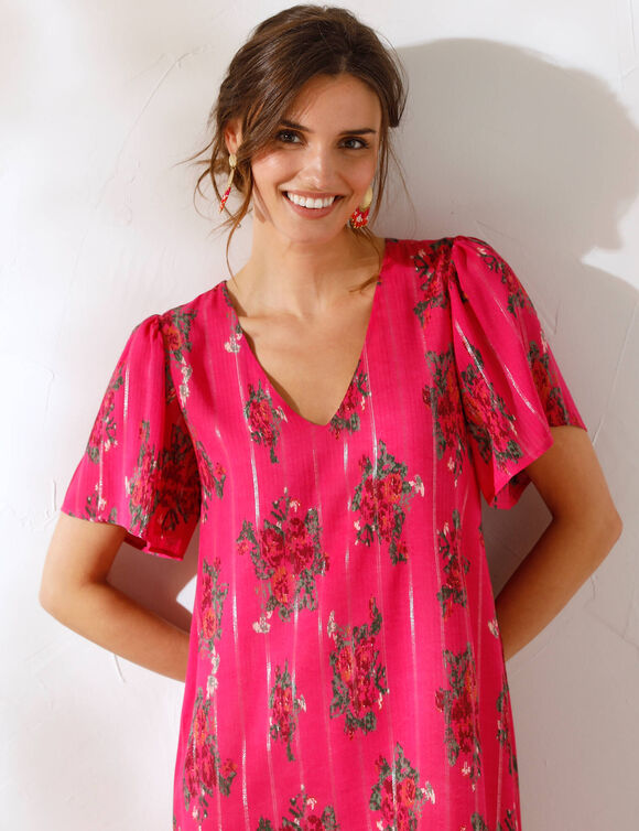 Robe courte imprimée, voile jacquard brillant (rose)