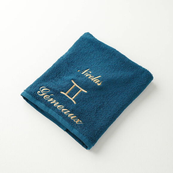 Handdoeken met "Gémeaux" borduursel, personaliseerbaar - 420 g/m2 (pauwblauw)