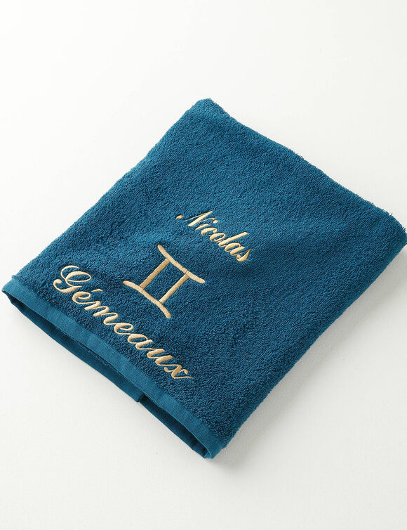 Serviettes de bain brodées Gémeaux personnalisable - 420g/m2 (bleu paon)