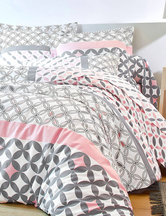 Linge de lit Marlow en coton motifs géométriques (gris / rose)