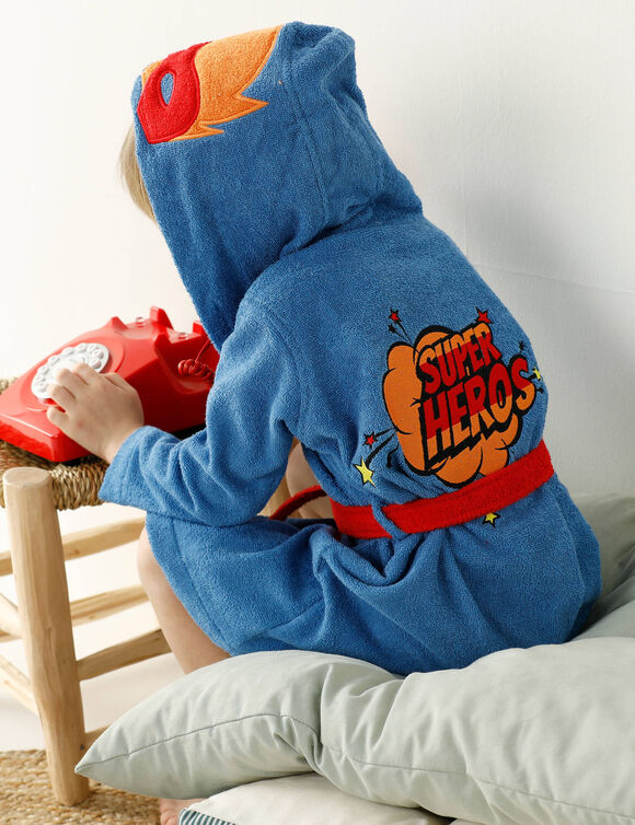 Badjas voor kinderen 'superheld', met kap, katoenen badstof - 340 g/m2 (felblauw)