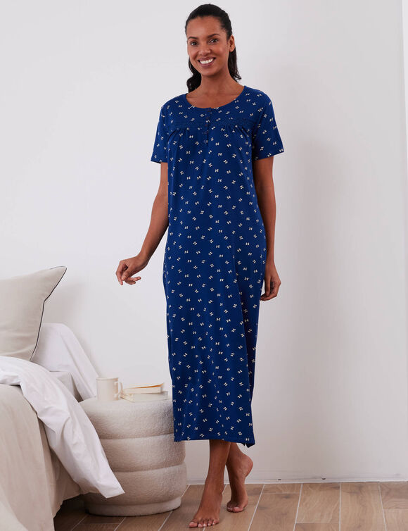 Chemise de nuit longue manches courtes imprimé nœuds (marine)