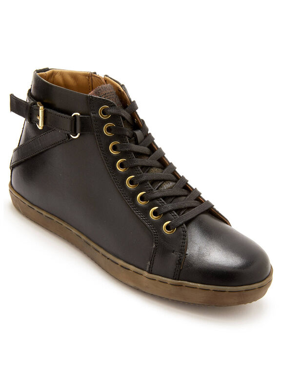 Sneakers met hoge schacht, met rits en vetersluiting, comfortbreedte, in leer - dames (zwart)