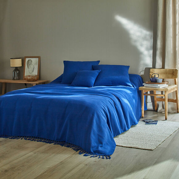 Plaid of sprei, effen katoen met artisanaal weefsel (blauw)