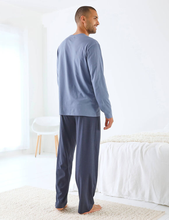 Lange pyjama met V-hals en lange mouwen van zachte katoen (grijsblauw / marine)