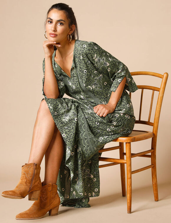 Robe longue imprimée, manches 3/4, détails macramé (kaki)
