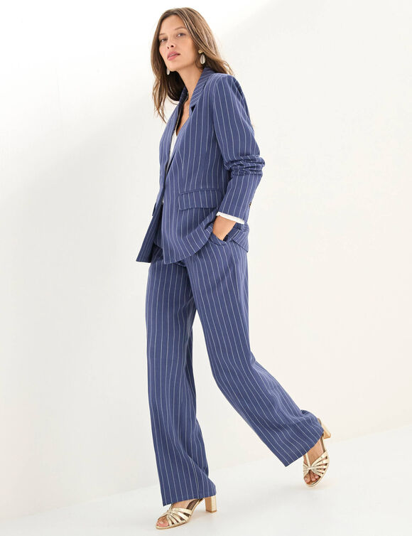 Pantalon large fluide ray&eacute;, viscose-lin (bleu)