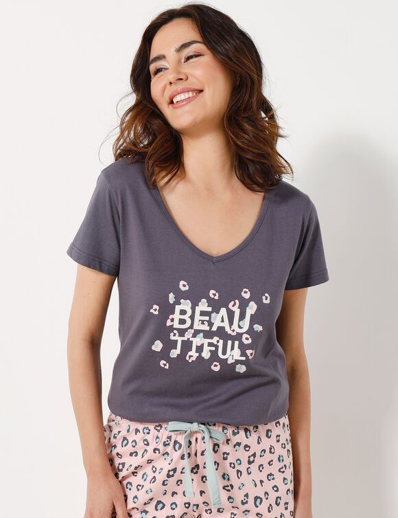 T-shirt met korte mouwen in effen katoen geplaatste "Beautiful" print (antracietgrijs)