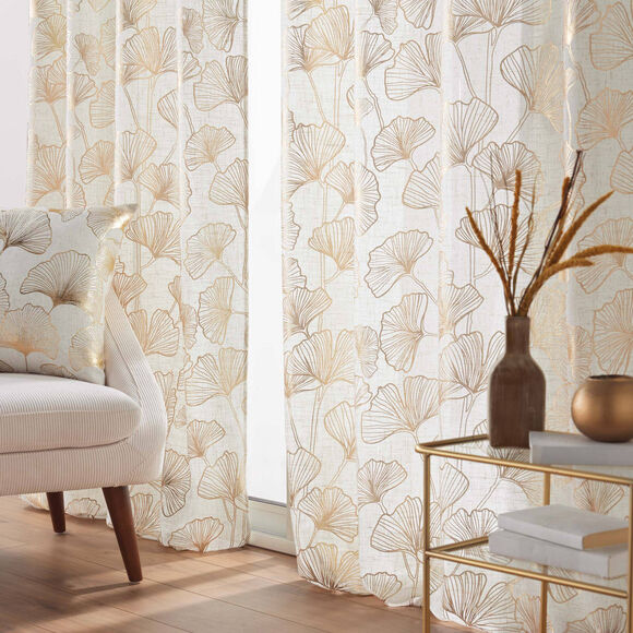 Rideau &agrave; &oelig;illets, motif ginkgo effet m&eacute;tallis&eacute; (naturel / dor&eacute;)