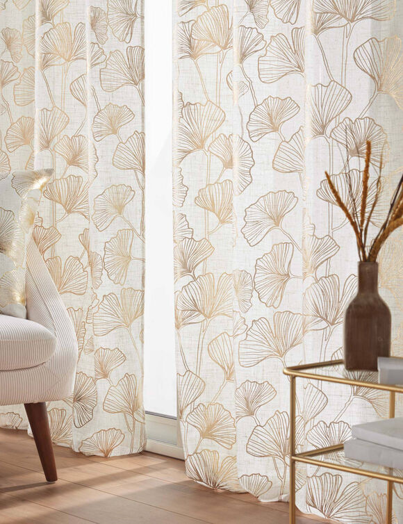 Gordijn met oogringen, metallic ginkgomotief (naturel / goudkleurig)