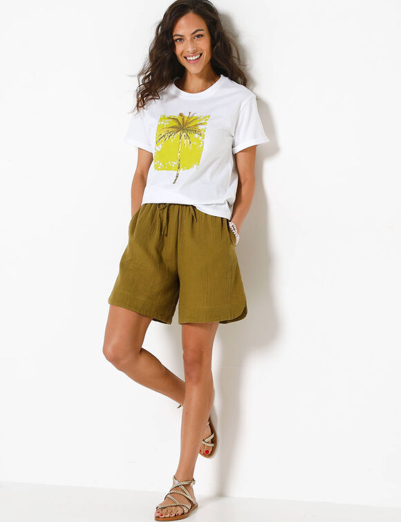 T-shirt col rond imprim&eacute; palmier, volume loose (wit / anijs)