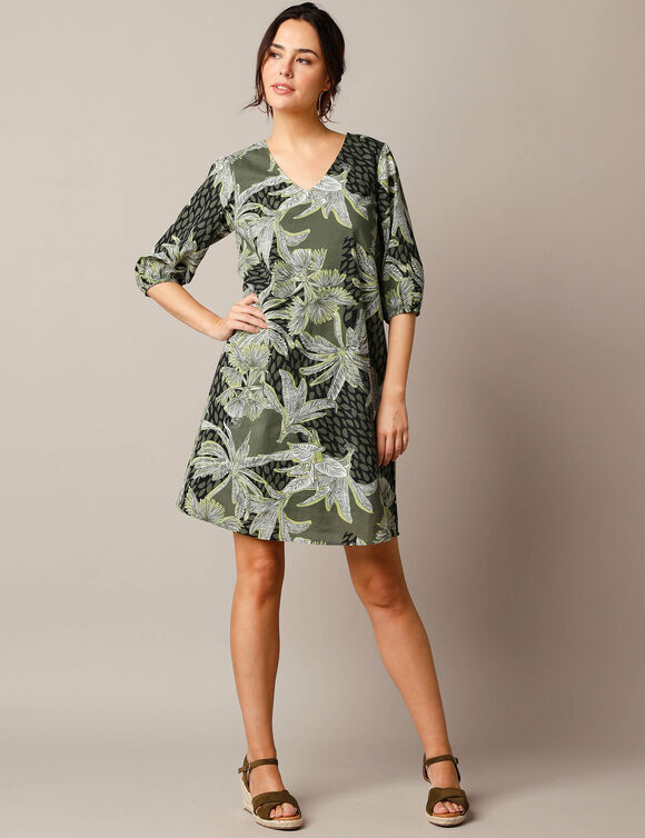 Robe housse imprimée, coton biologique** (noir / kaki)