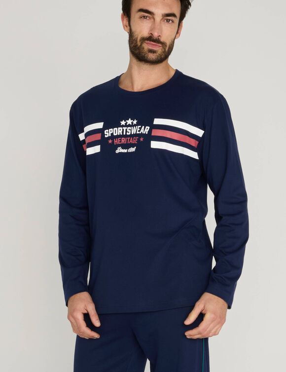 Pyjama-T-shirt met motief en strepen, lange mouwen (marine)