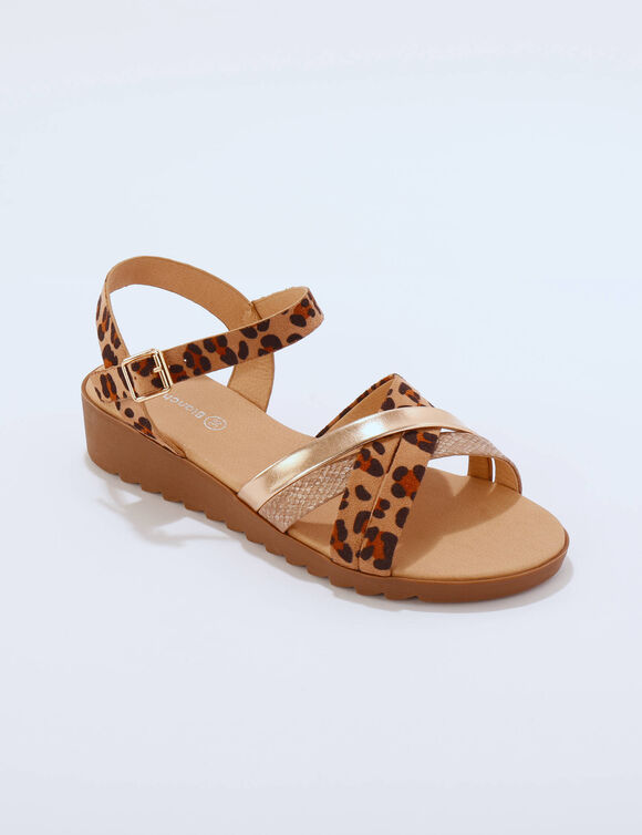 Sandalen met meerdere riempjes, luipaardmotief (bruin / goudkleurig)