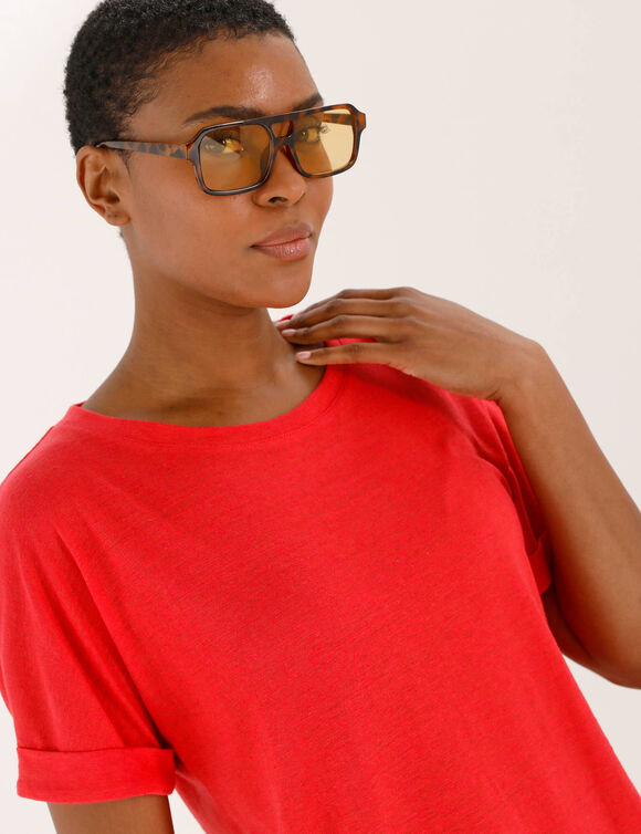 T-shirt col rond en lin m&eacute;lang&eacute;, manches courtes (rose)