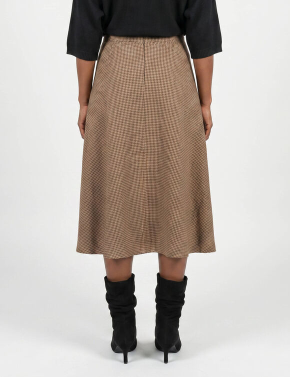 Jupe longue asym&eacute;trique coupe &eacute;vas&eacute;e, &agrave; carreaux en fils teints (chocolat / noisette)
