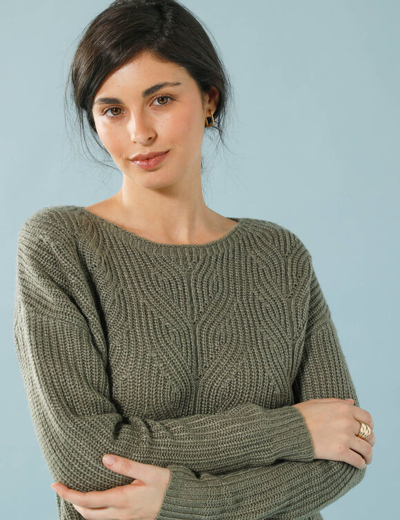 Trui met lange mouwen en ronde hals, pareltricot, speciaal voor kleine lengtes (kaki)