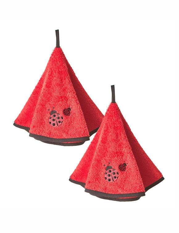 Ronde droogdoeken in badstof, geborduurd lieveheersbeestje - set van 2 (rood)