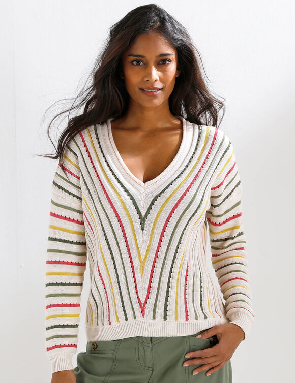 Pull V maille fantaisie, rayures graphiques (&eacute;cru / kaki)