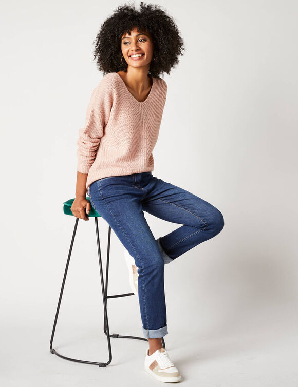 Pull col V, maille anglaise toucher doux (rose poudré)